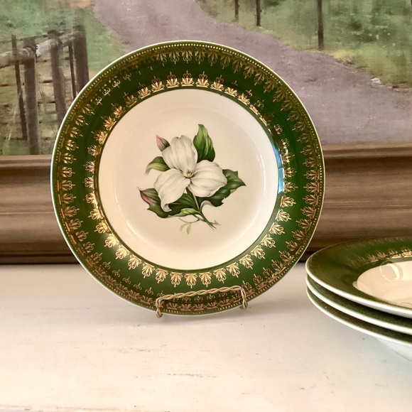 4 soup bowls American Limoges L'Triomphe Trillium Forest Green Dinnerware 22K - Picture 3 of 9